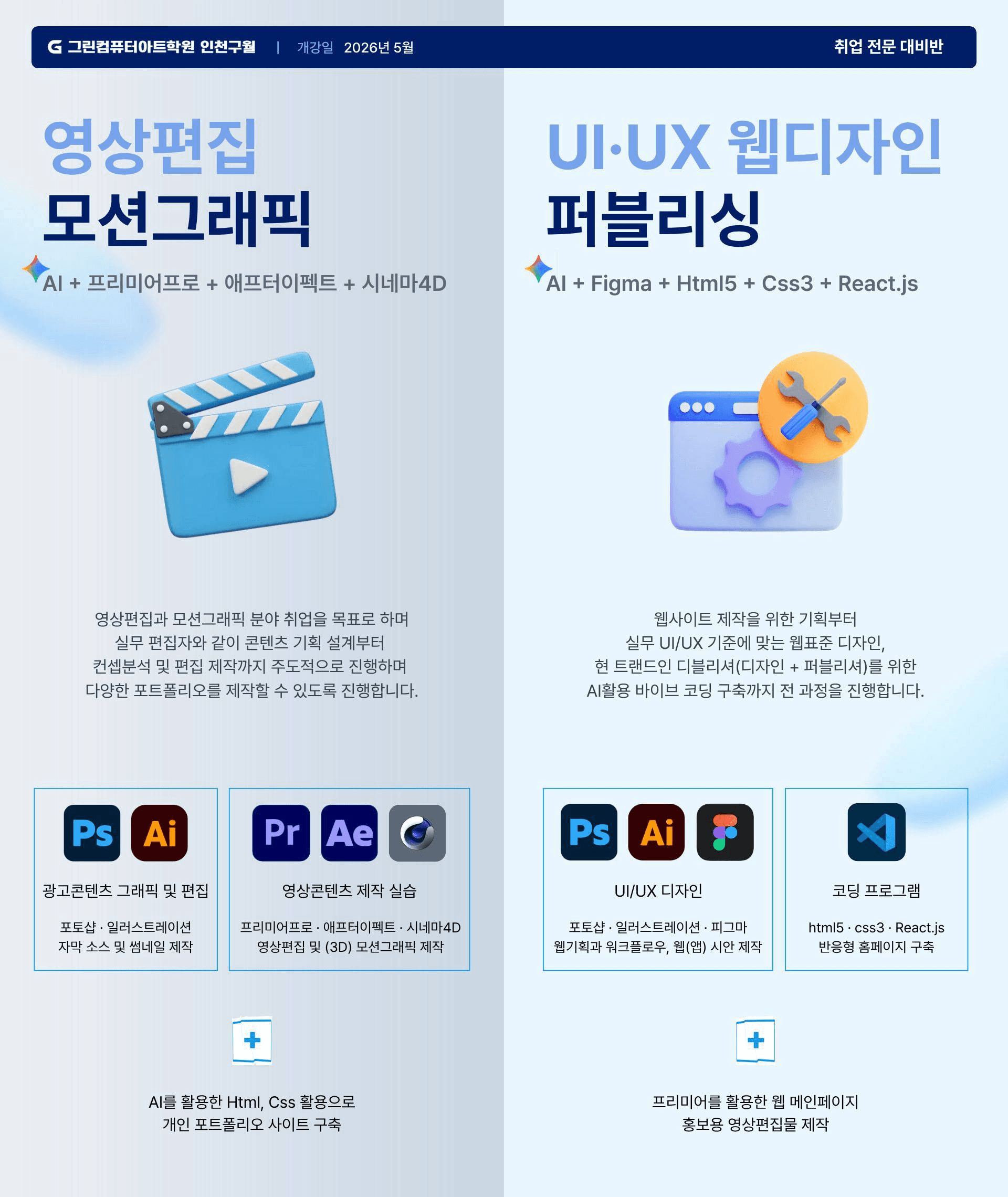 AI 기반 영상편집&모션그래픽, UI/UX 디자인 무료 실무 프로젝트 취업 과정